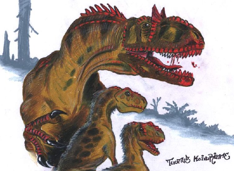 Allosaurus fragilis with her juveniles. (wax oil, 2003)