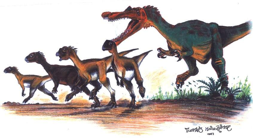 Territorial (or just hungry?) Baryonyx walkeri chasing a group of Hypsilophodon foxii. (wax oil, 2003)